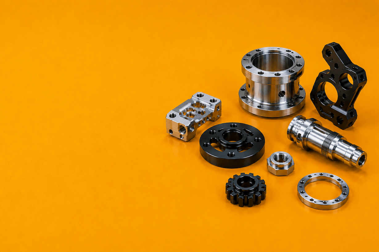 CNC machined parts on a bright industrial surface